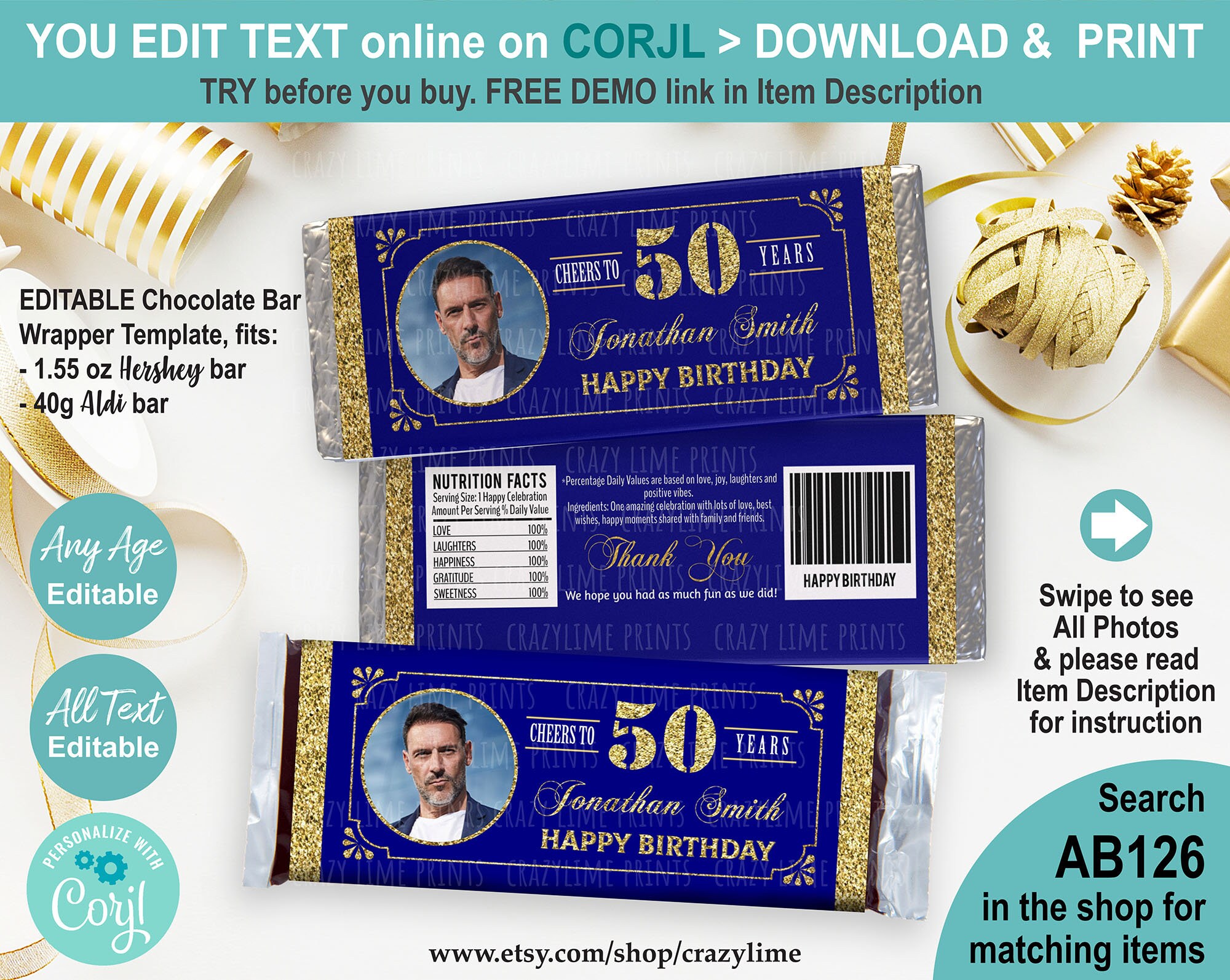 EDITABLE 50th Birthday Chocolate Candy Bar Wrapper - Etsy Australia