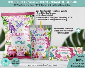 May include: Editable dinosaur-themed birthday party favor labels for chip bags, juice pouches, and chocolate bars. The labels feature a pink, green, and blue watercolor dinosaur design with the text "Scarlette's 4th Birthday" and "Stomp, Chomp and Rawr! Scarlette's 4th Birthday".