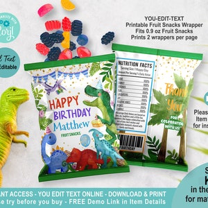 EDITABLE Dinosaur Birthday Fruit Candy Snacks Wrapper Template. Cute Dino T-rex Boy Party Favor. Personalised Name Party Treat Package K133