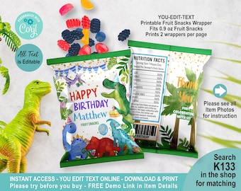 EDITABLE Dinosaur Birthday Fruit Candy Snacks Wrapper Template. Cute Dino T-rex Boy Party Favor. Personalised Name Party Treat Package K133