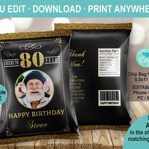 EDITABLE Cheers to 80 Years. 80th Birthday Photo Chip Bag. Black and Gold Crisp Snack Bag Party Favor. Instant Download Printable AB126