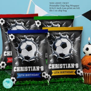 May include: Four printable chip bag wrappers featuring a football theme. The wrappers are black with a white football bursting through the surface. The text "CHRISTIAN'S 12TH BIRTHDAY" is on each wrapper. The wrappers are in red, green, blue, and yellow.