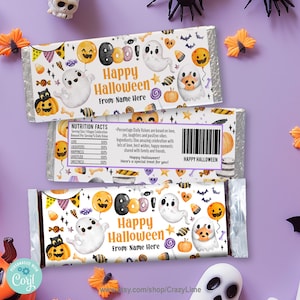 EDITABLE Happy Halloween Chocolate Candy Bar Wrapper. Cute Little Ghost Boo Kid Name Party Treat Label Printable Template Download HA936
