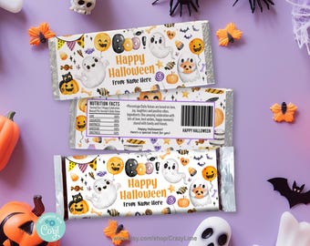EDITABLE Happy Halloween Chocolate Candy Bar Wrapper. Cute Little Ghost Boo Kid Name Party Treat Label Printable Template Download HA936