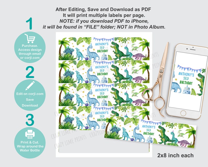 EDITABLE Dinosaur Water Bottle Label Template. Printable Cute - Etsy