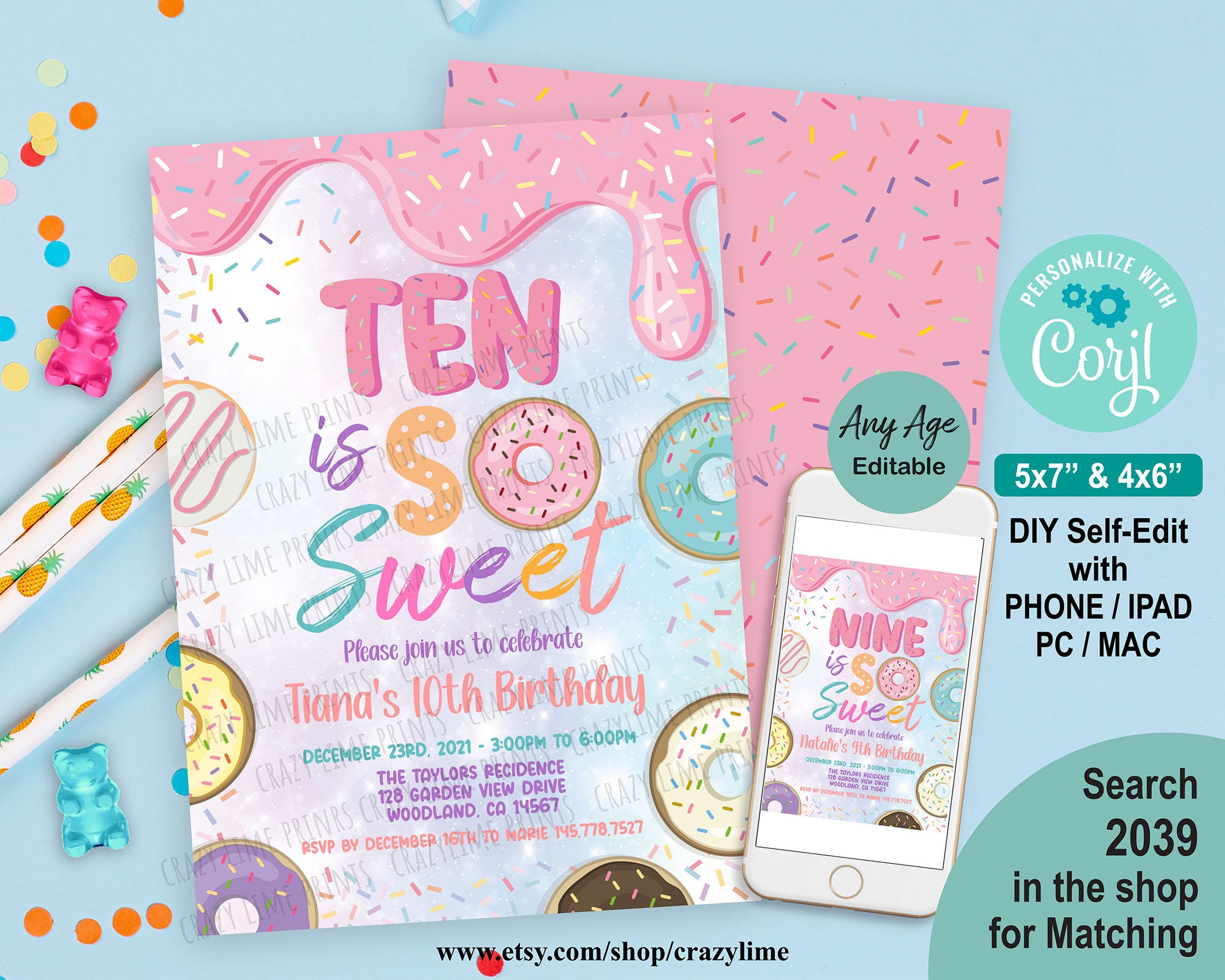 Editable Donut 10th Birthday Party Invitation Template. Printable Digital  Girl Ten is so Sweet Invite. Pastel Rainbow Sprinkle. Corjl 2039 - Etsy, image size:2000x1600