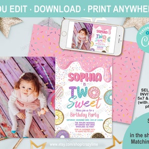 Editable Donut Two Sweet Girl Birthday Photo Invitation. 2nd Birthday Invite Template. Pink Rainbow Sprinkle Printable Digital File. 2039