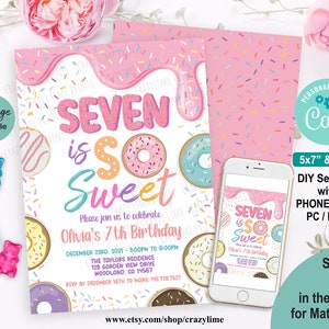 Editable Donut Seven Is So Sweet 7th Birthday Party Invitation Template. Printable Digital Girl Birthday Invite Pastel Rainbow Sprinkle 2039