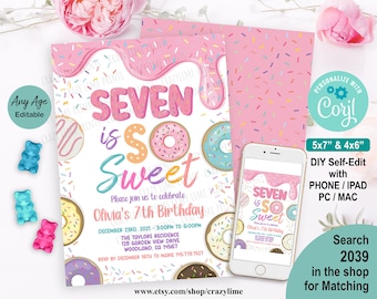 Editable Donut Seven Is So Sweet 7th Birthday Party Invitation Template. Printable Digital Girl Birthday Invite Pastel Rainbow Sprinkle 2039