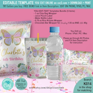 May include: Editable printable templates for a 6th birthday party. The design features a rainbow, butterflies, and flowers in pastel colors. The templates include labels for chip bags, juice pouches, water bottles, rice krispies treats, and chocolate bars. The text "Charlotte's 6th Birthday" is included on the labels.