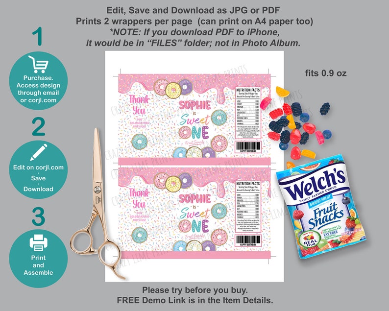 EDITABLE Donut Sweet One Fruit Candy Snack Wrapper Template. - Etsy