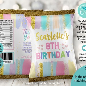 EDITABLE Pastel Art Party Chip Bag Wrapper. Girl Paint Birthday Party Favor Table Decor. Rainbow Gold Glitter Personalised Template. K011