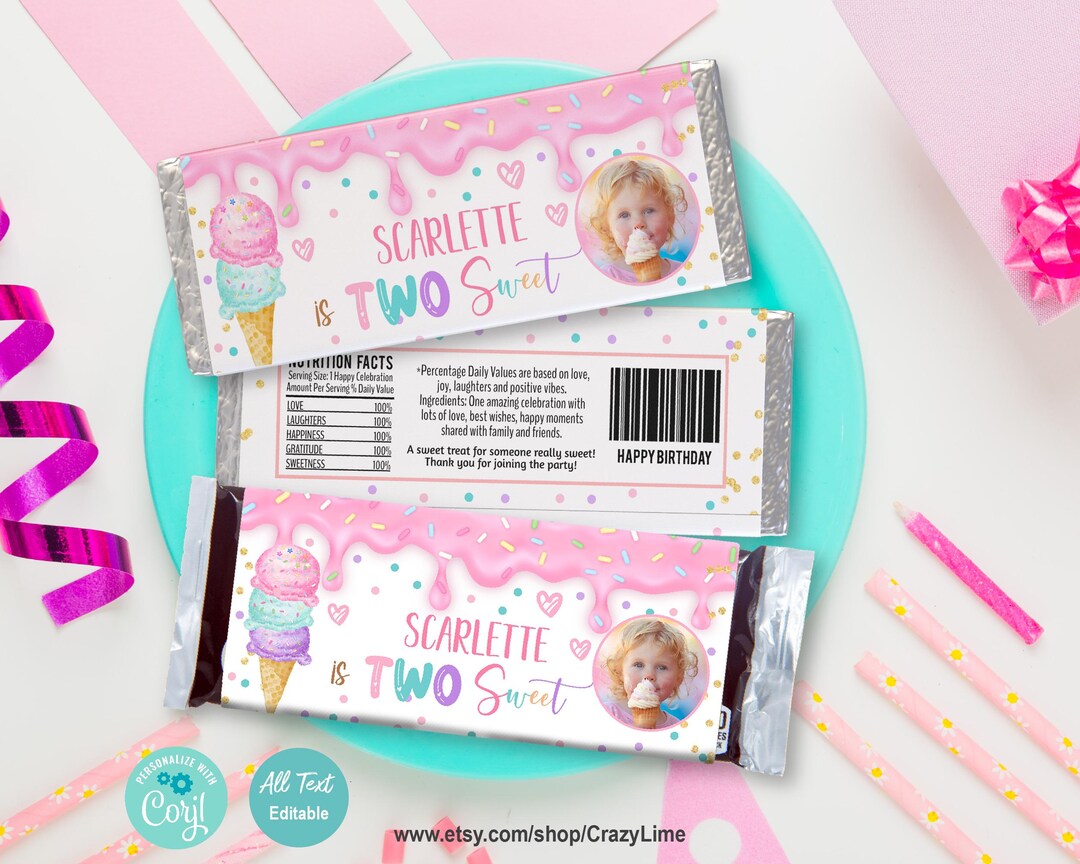 EDITABLE Ice Cream TWO Sweet 2nd Birthday Party Candy Bar Wrapper ...