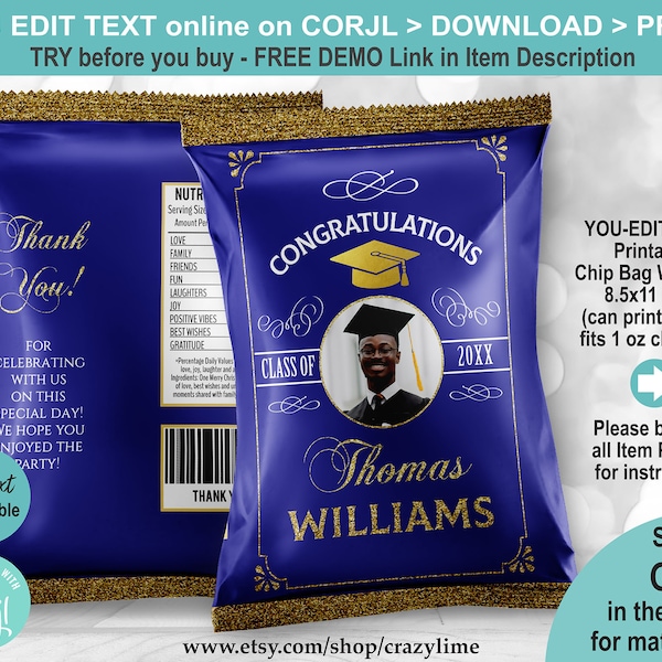 EDITABLE Blue Class of 2024 Graduation Chip Bag Wrapper with Photo. Dark Blue Gold Personalised Name Printable Crisp Snack Treat Label G126