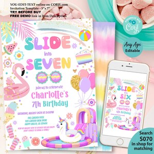 May include: A colorful birthday invitation with a flamingo, pool float, and the text "Slide into Seven." The invitation is 5" x 7" and features a tropical theme with a rainbow, cake, and balloons. A matching phone display is also shown.