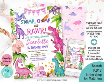 Girl Dinosaur Birthday Invitation. Any Age. Cute Dino birthday Party Invite. Jurassic Pink T-rex Watercolor Editable Digital Download K017