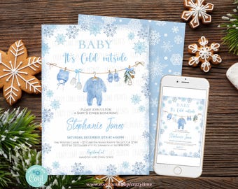 May include: Blue and white baby shower invitation with a snowflake pattern. The invitation says "Baby It's Cold Outside" and includes a watercolor illustration of a baby's clothes hanging on a clothesline. The invitation also includes the text "Please join us for a baby shower honoring Stephanie Jones".