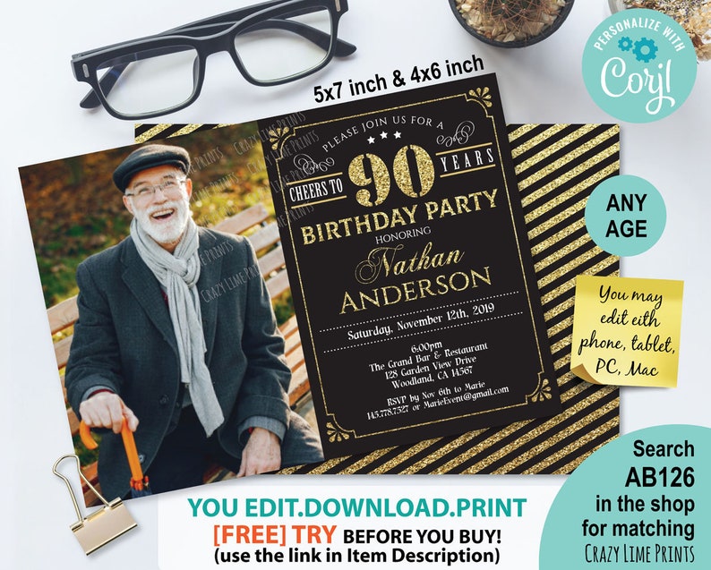 90th birthday invitation with photo. EDITABLE cheers to 90 | Etsy