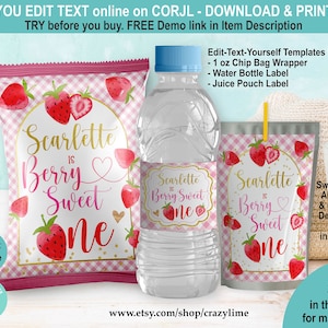 EDITABLE Berry Sweet One Strawberry 1st Birthday Party Favor Bundle Set of 3 Templates. Chip Bag Juice Water Bottle Wrapper Treat Label S017