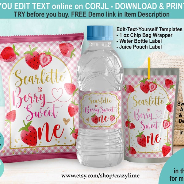 EDITABLE Berry Sweet One Strawberry 1st Birthday Party Favor Bundle Set of 3 Templates. Chip Bag Juice Water Bottle Wrapper Treat Label S017