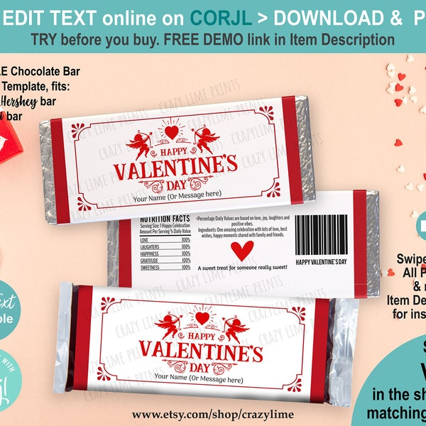 EDITABLE Valentine's Chocolate Candy Bar Wrapper Personalised Template. Party Favors Sweet Treat Printable Label. Vintage Retro Cupid. V022