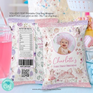 EDITABLE Fairy First 1st Birthday Party Chip Bag Wrapper Template. Whimsical Party Favors Candy Crisp Treat Label. Edit online on Corjl K146