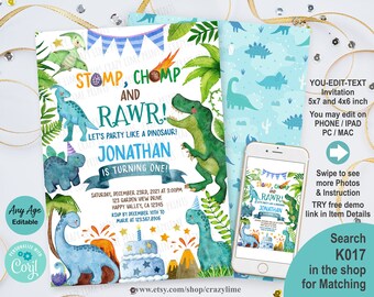 Dinosaur Birthday Invitation. Cute Dino Little Boy Party Invite. Jurassic T-rex 1st Birthday Rawr One Editable Digital Instant Download K017