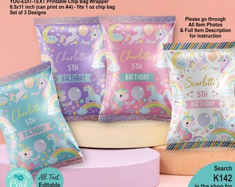 EDITABLE Unicorn Birthday Chip Bag Template Set of 4. Pastel Rainbow Colorful Girl Party Favors Candy Crisp Treat Label. Edit Name Age K142