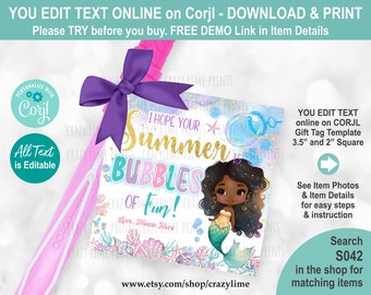 EDITABLE Bubble Wand Gift Tag Editable Template. End of School Year African American Mermaid. I hope your summer is bubbles of fun S042