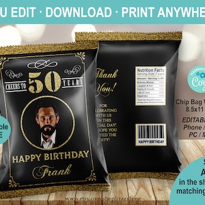 BEWERKBAAR Cheers to 50 Years Birthday Photo Chip Bag. Zwart en goud 50e verjaardag snackzakje feestbedankje. Directe download afdrukbare AB126