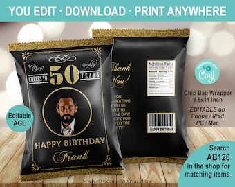 EDITABLE Cheers to 50 Years Birthday Photo Chip Bag. Black and Gold 50th Birthday Snack Bag Party Favor. Instant Download Printable AB126