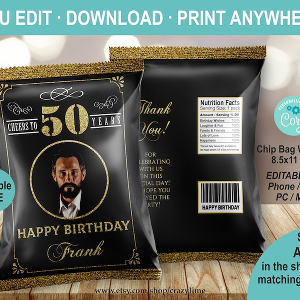 EDITABLE Cheers to 50 Years Birthday Photo Chip Bag. Black and Gold 50th Birthday Snack Bag Party Favor. Instant Download Printable AB126