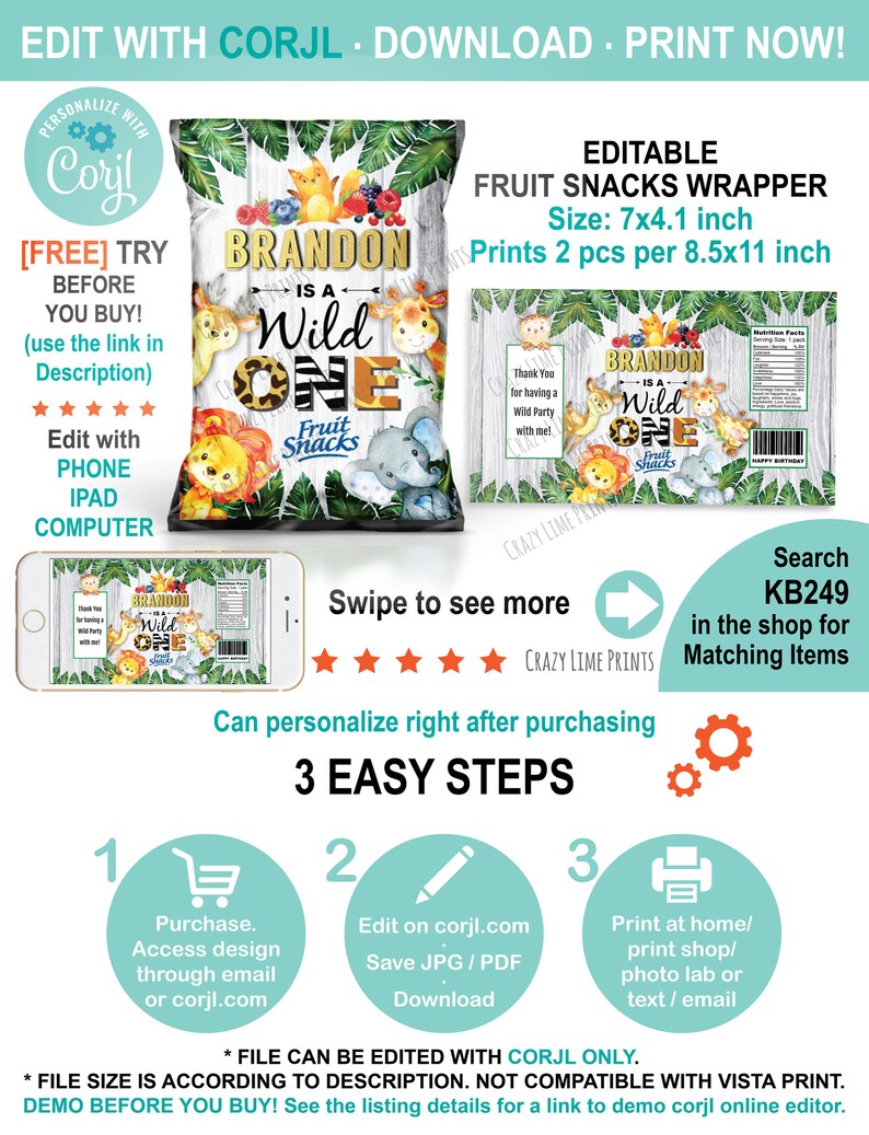 Safari Animals Fruit Candy Snacks Wrapper. EDITABLE Template. - Etsy