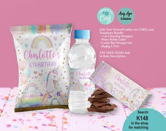 EDITABLE Unicorn Birthday Party Favors Bundle Set 3 Templates Kit. Printable Treat Chip Bag, Water Bottle Label, Candy Bar Wrapper DIY K148