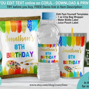 EDITABLE Art Birthday Party Favors Bundle Set of 3 Templates. Chip Bag Juice Water Bottle Wrappers, Bright Rainbow Treats Goody Labels. K035