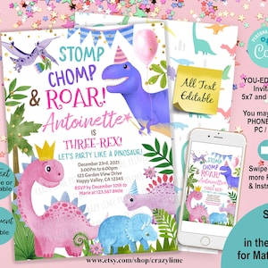 Girl Dinosaur Three-Rex Birthday Invitation, Pink Dino Party (Digital Download)