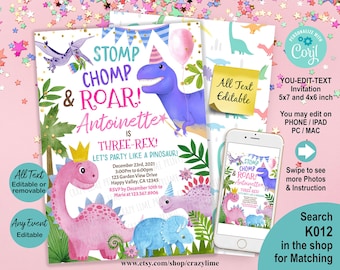 Girl Dinosaur Three-Rex Birthday Invitation, Pink Dino Party (Digital Download)