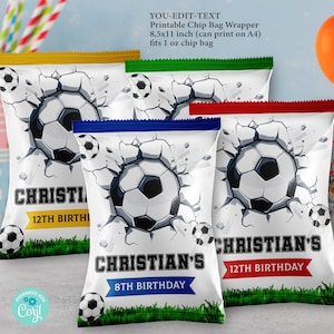 May include: Four printable chip bag wrappers featuring a football theme. The wrappers are white with a blue, red, or green border. Each wrapper shows a football breaking through a wall, with the text "CHRISTIAN'S" and the birthday boy's age. The text "YOU-EDIT-TEXT Printable Chip Bag Wrapper 8.5x11 inch (can print on A4) fits 1 oz chip bag" is at the top of the image.