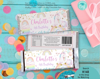 EDITABLE Unicorn Birthday Candy Bar Wrapper Template. Pastel Watercolor Girl Party Favor Chocolate Bar Treat Label Printable Download K148