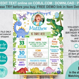 EDITABLE Dinosaur Birthday Milestone Poster with Photo Editable Template. Any Age. Cute Dino Party Decoration Printable Digital File. K133