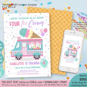 Editable Ice Cream Truck Birthday Invitation I scream You Scream We All Scream Four Ice Cream 4th Birthday Party Invite Download S065