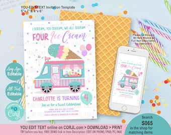 Editable Ice Cream Truck Birthday Invitation I scream You Scream We All Scream Four Ice Cream 4th Birthday Party Invite Download S065