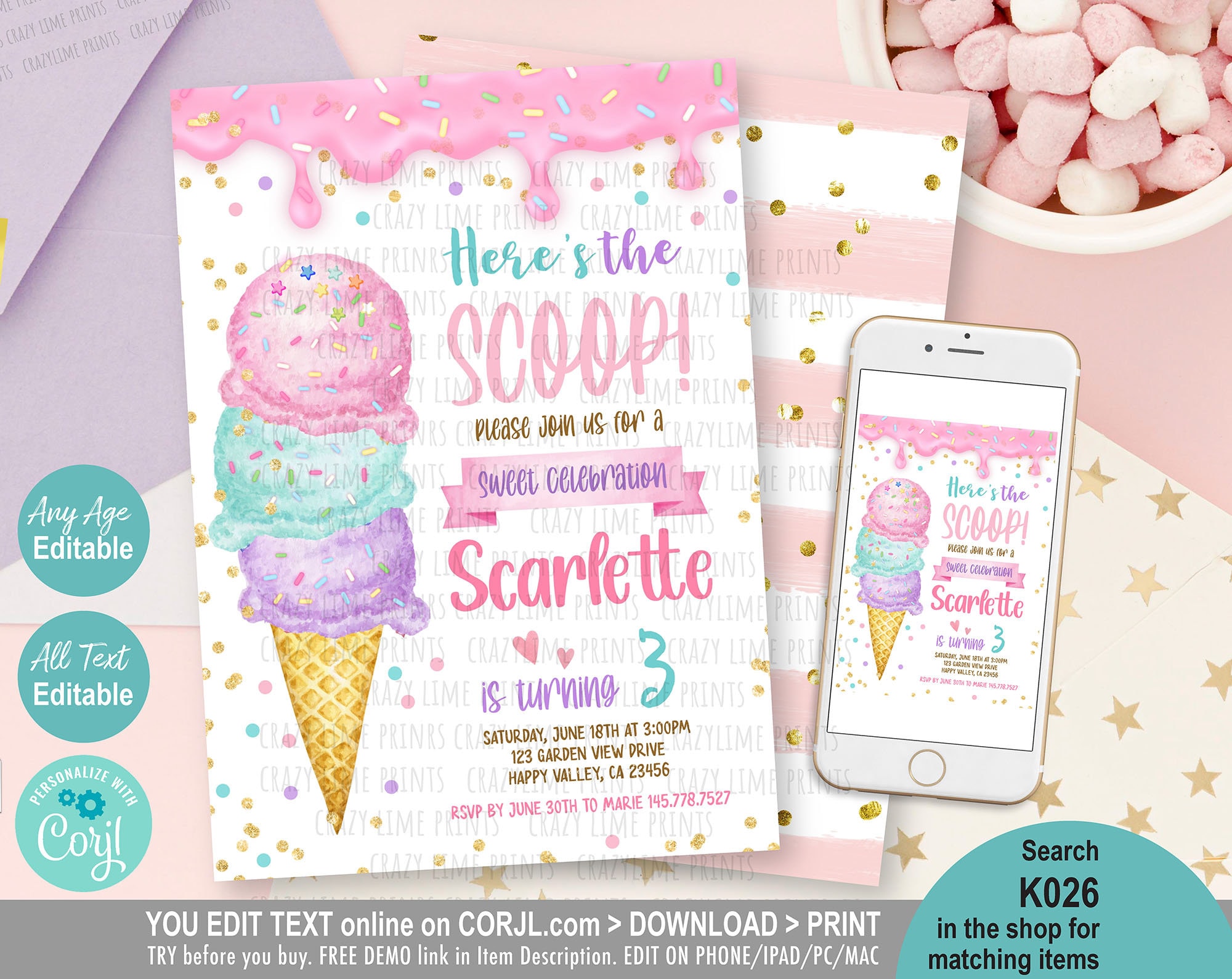 Ice Cream Birthday Invitation. Icecream Sweet Party Here's the Scoop Pink Purple Gold Girl Birthday EDITABLE Invite. Printable Download K026