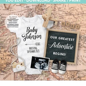 Travel Neutral Pregnancy Announcement. Digital Social Media Baby Announcement. EDITABLE Pregnancy Reveal. Adventure Begins Download IG275