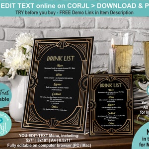 EDITABLE Gatsby Art Deco Party Bar Menu 5x7 8x10 A4 8.5x11 inch Template. Black & Gold Frame Personalised Table Setting Decor NY004