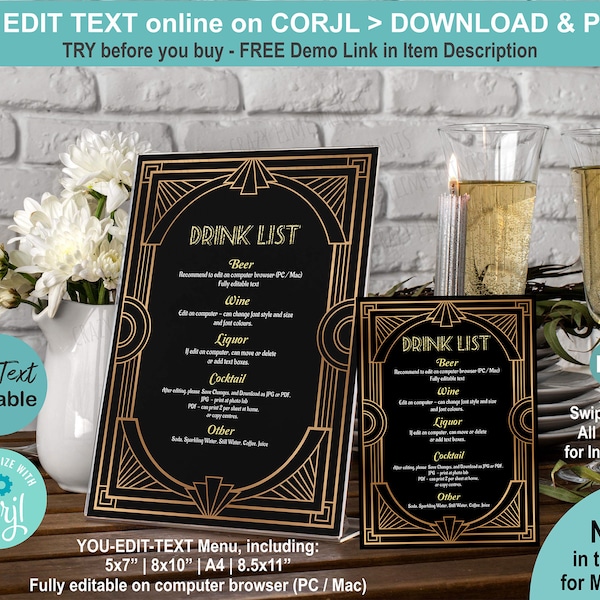 EDITABLE Gatsby Art Deco Party Bar Menu 5x7 8x10 A4 8.5x11 inch Template. Black & Gold Frame Personalised Table Setting Decor NY004