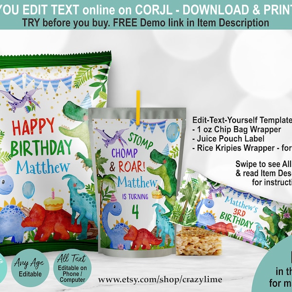 EDITABLE Dinosaur Birthday Party Favor Bundle Set of 3 Templates. Any Age Boy Kid Chip Bag Juice Rice Krispie Wrapper Treat Gift Label K133