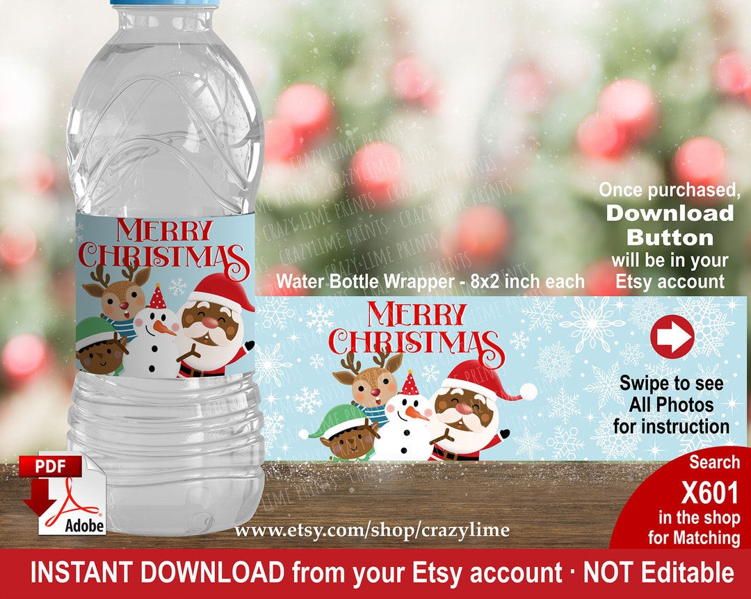 Christmas Water Bottle Label. Printable Holiday Party Favor. African
