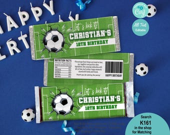 May include: Chocolate bar wrappers with a soccer theme. The wrappers are green with a soccer ball graphic and the text "Let's kick it! CHRISTIAN'S 12TH BIRTHDAY." Additional text includes nutrition facts and "Happy Birthday."