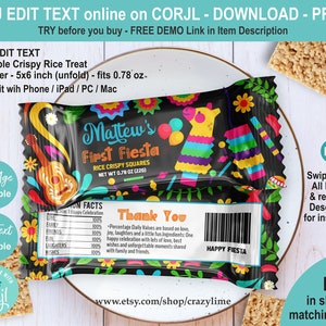 EDITABLE Fiesta 1st First Birthday Rice Snack Krispies Wrapper Template. Personalised Name & Age Printable Crispy Treat Party Favors M002